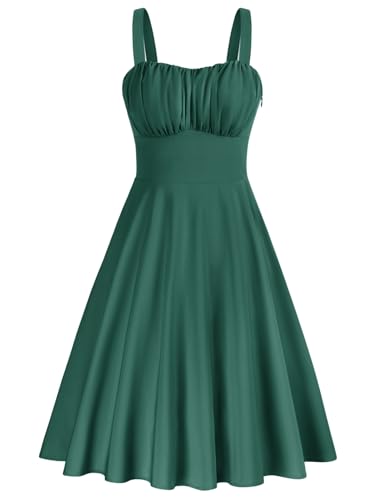 Belle Poque Women's Vintage Sleeveless Floral Ruched Summer Cute A-Line Flowy Swing Midi Dress - Dark Green - XX-Large