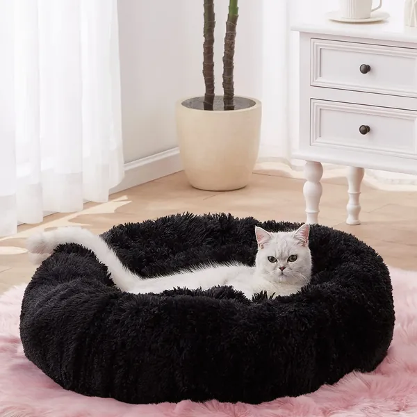 SunStyle Home Soft Plush Round Pet Bed for Cats Or Small Dogs Cat Bed Self Warming Autumn Winter Indoor Sleeping Cozy Pet Bed for Small Dogs and Cats Donut Anti Slip Bottom - L(27"x27") Black