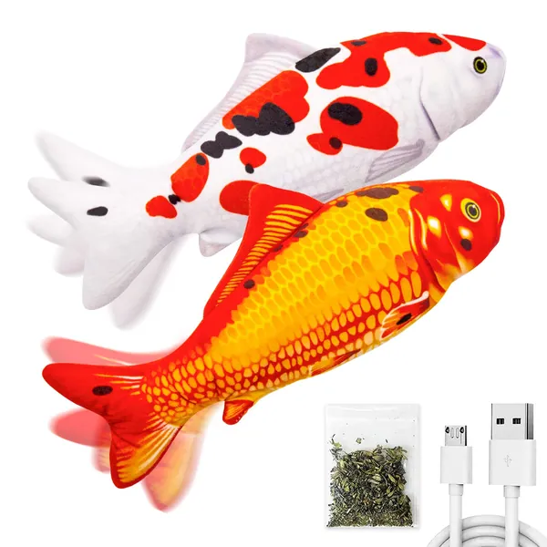 TOOGE 2 Pack 11" Electric Moving Fish Cat Toy Realistic Interactive Flopping Fish Cat Kicker Catnip Toys for Indoor Cats Pets Kitten - Koi