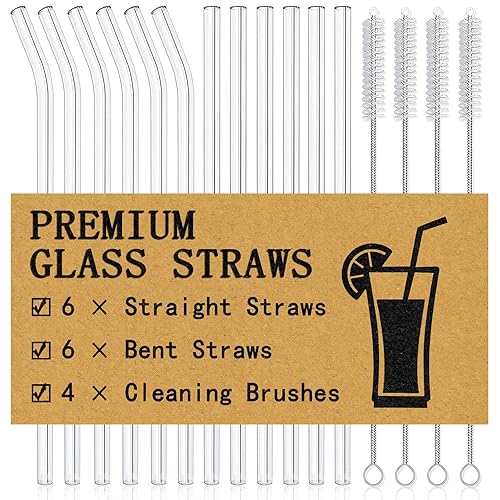 Piteno® 16-Pack Reusable Glass Straws Set, Clear Glass Drinking Straws, 8.5''x10MM, Set of 6 Straight and 6 Bent with 4 Cleaning Brushes, Perfect for Smoothies, Milkshakes, Juice, Tea - Clear - 8.5"