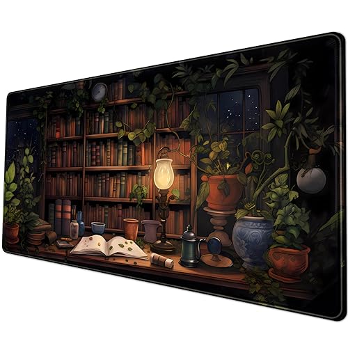Desk Mat Forest Library Book Mouse Pad Big Vintage Aesthetic Desk Pad Flower Plant Black Extended Mouse Pad Large Gaming Mousepad XXL Keyboard Mouse Mat Desktop Mat Women Office Desk 31.5 X 11.8 in - C-Black bookcase