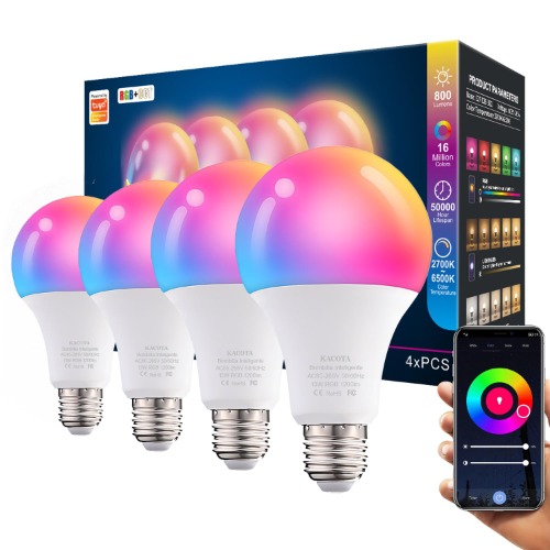 KACOTA Focos Inteligentes RGBW 13W (4 Pack) Compatible con Alexa y Google Home, Control por App, WiFi y Bluetooth, 16 Millones de Colores, Temporizador, Ahorro de Energía, E26/E27