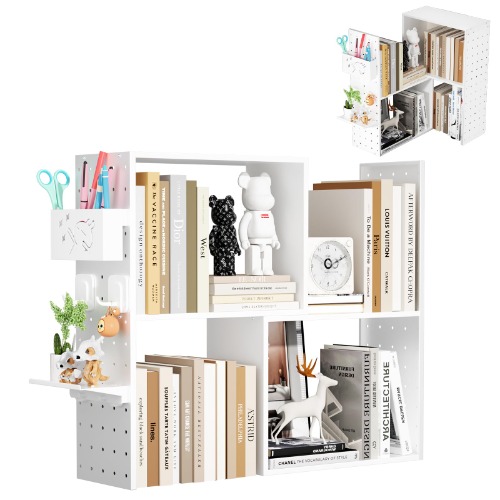 Kokila Organizador de Oficina para Escritorio, Estantería de Sobremesa, Estante para Libros Expandible, Montaje Bricolaje, Ahorro de Espacio, Estante Organizador con Gancho y Portalápices, Blanco - Blanco