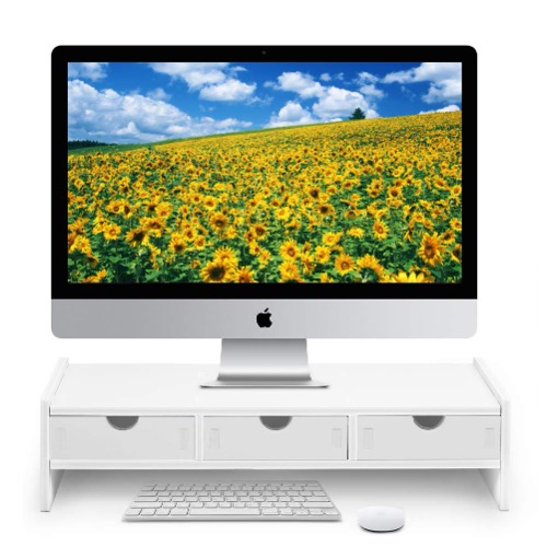 Monitor Stand Riser, Computer Laptop Riser Shelf with 3 Organizer Drawers (White, 19.5"L x 7.5"W x 4.7"H) (White) - White