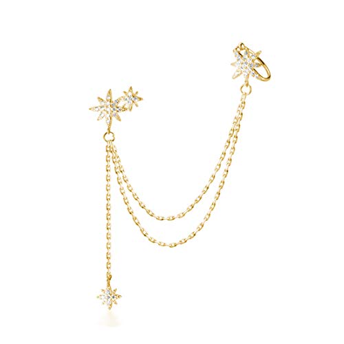 SLUYNZ 925 Sterling Silver Fashion Star Cuff Earring Chain for Women Teen Girls Star Crawler Earring Wrap Earrings Tassel - One Earring(left)-yellow