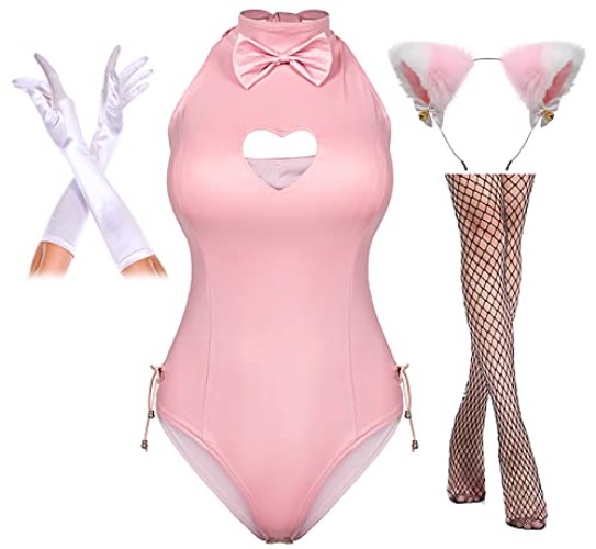Womens Bunny Girl Suit Button Crotch Romper Onesie Bodysuit Cosplay Costume Furry Cat Ear Gloves Socks Set - Medium - Pink