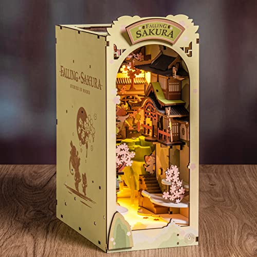 RoWood Book Nook Kit | 3D Puzzle DIY Booknook Buchstütze Modellbausatz aus Holz | Miniatur Haus Kit Book Nook Bastelset - Falling Sakura