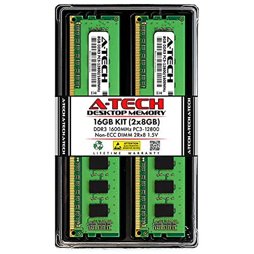 A-Tech 16GB (2x8GB) DDR3 1600MHz PC3-12800 CL11 DIMM 2Rx8 1.5V 240-Pin Non-ECC UDIMM Desktop RAM Memory Modules - 16GB Kit (2 x 8GB) - DDR3