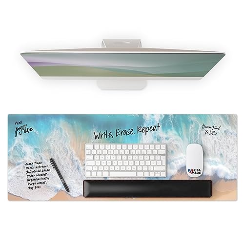 M.C. Squares 3-in-1 Dry Erase Desk Mat, Mouse Pad & Beach Art Decor | Erasable Writing White Board | Large Non-Slip Desktop Protector for Office, Home, School | Includes Wet Erase Marker | 34"x13" - Beach Scene