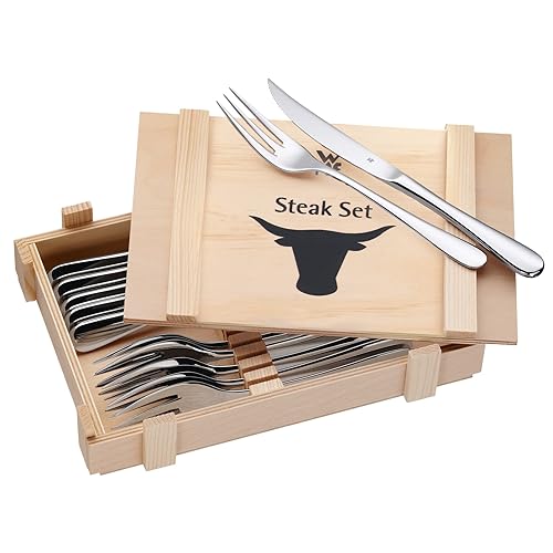 WMF Steakbesteck 12-teilig, Steakbesteck Set für 6 Personen, Steakmesser Set, Steakgabel, Cromargan Edelstahl poliert, Grillbesteck in Holzkiste - Single