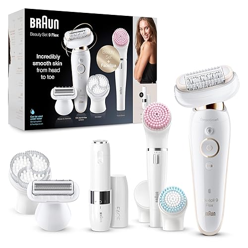 Braun Silk-épil 9 Flex Beauty-Set, Epilierer Damen / Haarentferner, FaceSpa Gesichtshaarentferner, 9 Aufsätze, inkl. FaceSpa Bürste, Mini-Haarentferner, 9105, weiß/gold - + Beauty-Set