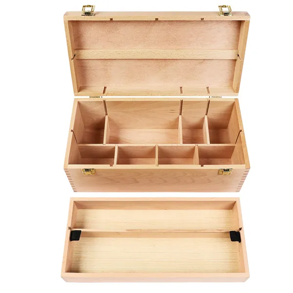 MEEDEN Large Art Supply Storage Box - Multi-Function Solid Beech Wood Artist Tool Box with Drawer(s) for Paint Brush, Pencil, Pastel, and More Art Supplies 16''W x8''D x6-1/5''H
