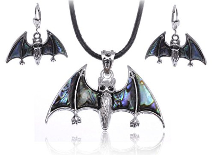 Alilang Abalone Colored Enamel Gothic Halloween Bat Necklace Dangle Earrings Jewelry Set