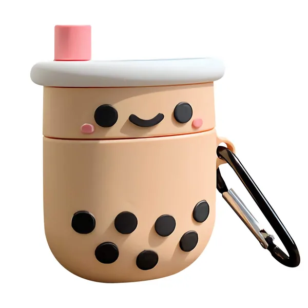 Bubble Tea Cartoon Airpods Case 1/2, Boba Pearl Milk Tea, Full Protective Silicone Cover with Keychain Girls Teens Headphones