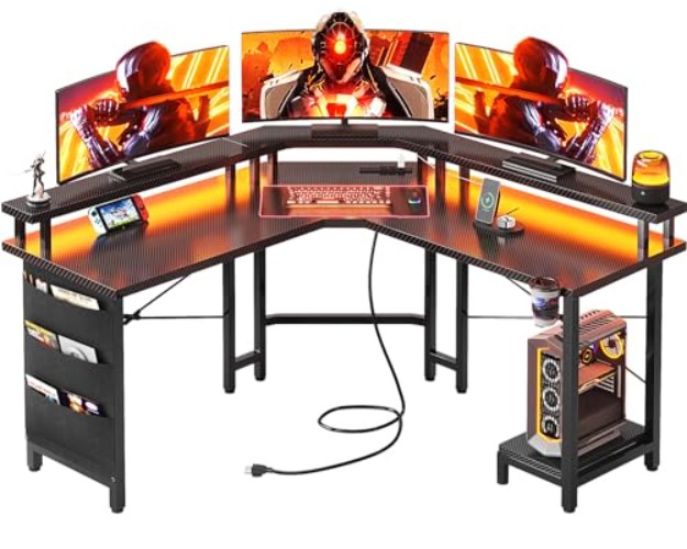 Flrrtenv L Shape Desk 50.8" with Power Outlets USB Ports & LED Strip, Gaming Desk L Shaped with Monitor Stand & Cup Holder, Reversible Computer L Shape Corner Desk Home Office Desk, Black Carbon Fiber - Black & Carbon Fiber - Full Monitor