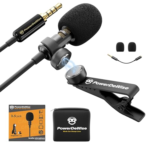 Professional Grade Lavalier Clip On Microphone - Lav Mic for Camera Phone iPhone Video Recording ASMR - Small Noise Cancelling 3.5mm Tiny Shirt Microphone with Easy Clip On System - Black