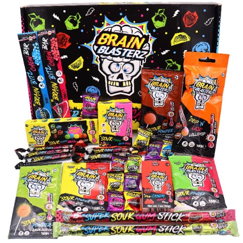 Brain Blasterz Super Zure Snoepjes MEGA Geschenkdoos | Hard Sour Candy, Sour Gum Stick, Zure Powder Candy, Lollipop Brain Breakerz | Appel, Aardbei, Cola & Meer