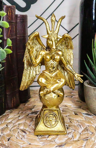 Ebros Gift Church of Satan Sabbatic Goat Idol Baphomet Resin Statue Satanic Occultic Illuminati The Horned God Goat of Mendes Altar Sculpture Figurine (6.5" Tall Gold Patina) - 6.5" Tall Gold Patina