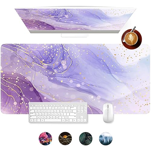 Gaming Mouse Pad for Desk,Purple Golden Marble Office Large Desk Mat, 31.5x15.7Inch Long Computer Keyboard Mat Mousepad with Non-Slip Base and Stitched Edge, Gifts for Him - Purple Golden Marble - 31.5 x 15.7 Inch