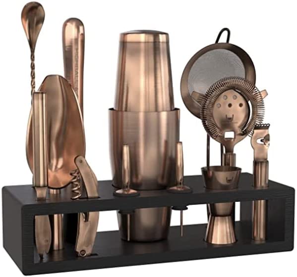 Highball & Chaser Bartender Kit with Black Bamboo Stand Beautiful Cocktail Shaker Set and Bar Tools Stainless Steel Boston Shaker Bartender Kit with Stand (Antique Copper) - Antique Copper