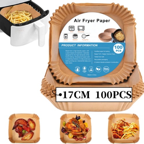 Bakpapier Airfryer, 100 stuks non-stick wegwerpbakpapier voor heteluchtfriteuse, food grade papieren voeringen, non-stick perkamentpapier voor frituren, bakken, braden en oliebestendig (17cm)