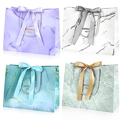 BBLIKE Geschenktüten 4 Stück Papiertüten mit Schleifenbändern, 25x20x12cm Geschenktaschen mit Henkel Partytüten Bodenbeutel Kreuzbodenbeutel für Geburtstag Hochzeit Feier Party Weihnachten… - 4pcs