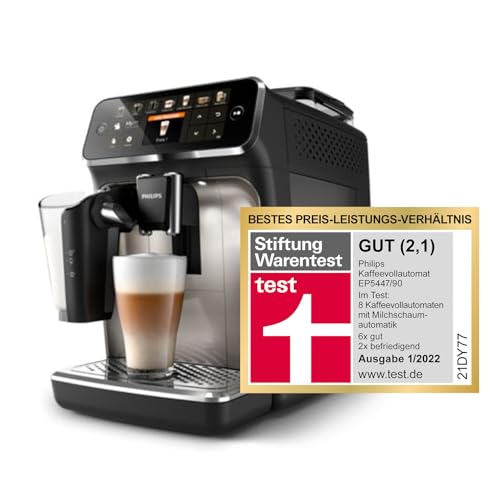 Philips Series 5400 Kaffeevollautomat – LatteGo Milchsystem, 12 Kaffeespezialitäten, Intuitives Display, 4 Benutzerprofile, Chrom (EP5447/90) - Chrom