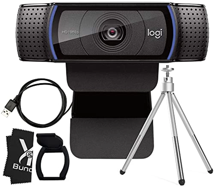 Logitech Webcam C920 HD Pro Bundle with Tripod, Privacy Shutter & Cleaning Cloth - Privacy Cover Computer Webcam Microphone - 1080p Streaming Wide Angle Video Camera - 1080P Desktop Web Camera