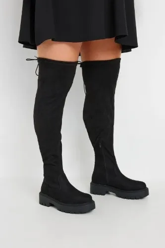Black Faux Suede Knee High Boots
