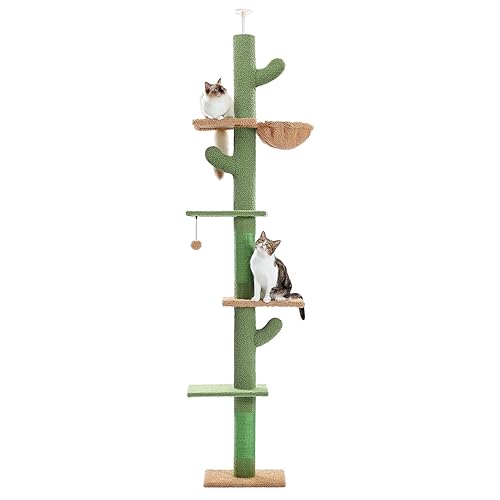 Cactus Cat Tree Floor to Ceiling Cat Tower with Adjustable Height(229-275cm), 5 Tiers Cat Climbing Activity Center with Cozy Hammock, Platforms and Dangling Balls for Indoor Cats - Green