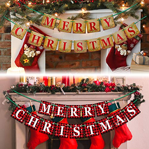 Merry Christmas Banner - 5.9x5.9 inch Xmas Bunting Decoration Indoor Fireplace Black Red Plaid Letters Wall Tree Green Holiday Sign Decor