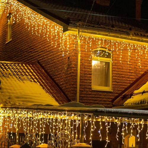 30ft/9m 240LEDs LEDYA Icicle Outdoor Christmas Lights with Timer, Warm White Fairy Lights Mains Powered with 8 Modes for Window, Garden, Wall, Gazebo - Timer - 9M 240LED