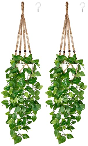 Mkono 2 Packs Fake Hanging Plant with Pot, Artificial Plants for Home Decor Indoor Macrame Plant Hanger with Fake Vine Faux Hanging Planter Greenery for Bedroom Bathroom Office Decor, Brown (Pothos) - Brown - 2