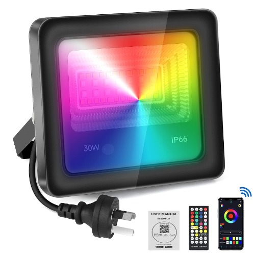 Flood Light, Perkisboby 30W RGB LED Floodlight, Bluetooth App Control RGB Color Changing Stage Light with Remote, 2700K- 6500K Dimmable RGB Lights, IP66 Waterproof Outdoor Floodlight for Party, Garden