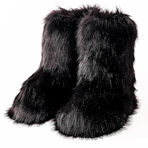 Valpeak Snow Boots for Women 2024 Furry Boots Winter Knee High Flat Heel Fluffy Faux Fur Boots - Black - 9 Wide