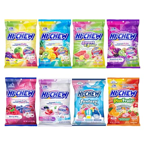 HI-CHEW Variety Mix, Pack of 8 Bags - 22 Flavors Including Yogurt Mix - Unique Fun Soft & Chewy Taffy Candy - Immensely Juicy Fruit Flavors - Individually Wrapped for Sharing - Mixed-Fruit - 8 Bags
