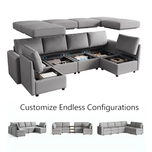 LINSY HOME Modular Couches and Sofas Sectional with Storage Sectional Sofa U Shaped Sectional Couch with Reversible Chaises, Light Gray
