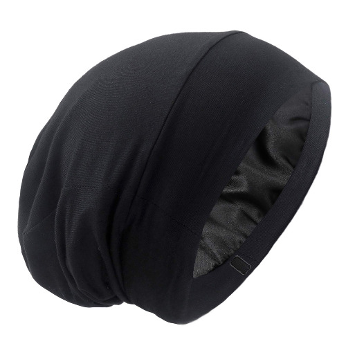Silky Satin Lined Bonnet Sleep Cap - Adjustable Stay on All Night Hair Wrap Cover Slouchy Beanie for Curly Hair Protection for Women and Men - Solid Black - Solid Red