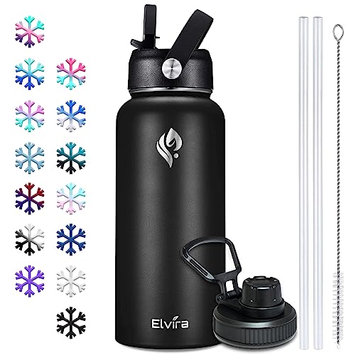Elvira 32oz Vacuum Insulated Stainless Steel Water Bottle with Straw & Spout Lids, Double Wall Sweat-proof BPA Free to Keep Beverages Cold For 24Hrs or Hot For 12Hrs - A5-Black