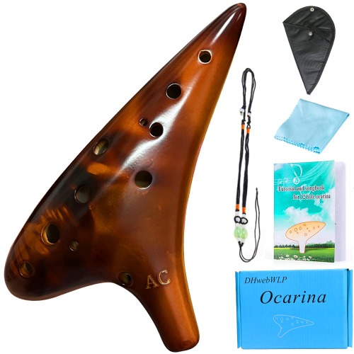 Ocarina,Strawfire12 Hole Ocarina Instrument,Alto C Ceramic Ocarina With Song Book Strap for Beginner Gift Idea(Strawfire Brown) - Brown
