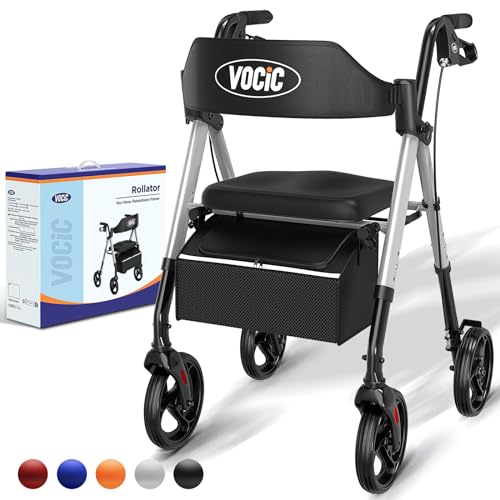 VOCIC Walkers for Seniors,Foldable Walker with Seat,Rollator Walker with Durable Aluminum,8" Big Wheels for All Terrain, Ergonomic Seat and Backrest,Dual Adjustable Height Rolling Walker| Shiny Silver - Shiny Silver