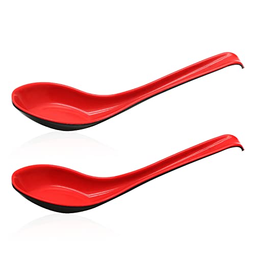 Cionyce 2PCS Wonton Soup Spoons, Chinese Japanese Miso Ramen Dumpling Pho Rice Noodle Soba Soup Spoons, Red and Black Melamine Spoons - 2 - Red B, 6.5in Length