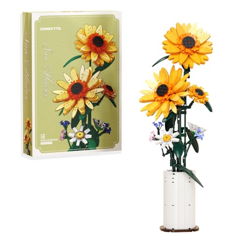 ZONECYTD Sunflower Building Blocks Sets Flower Bouquet with Vase for Adults Teens, Flower Garden Building Toys for Girls Boys Home Decor - 821Pcs