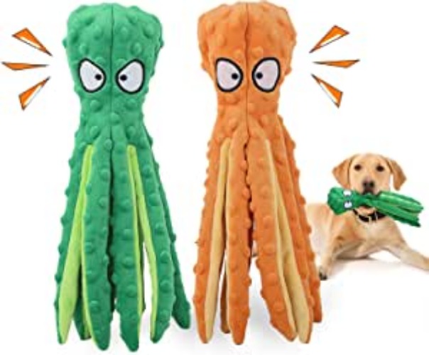 HGB Squeaky Dog Toys, Octopus No Stuffing Crinkle Plush Dog Chew Toys for Puppy Teething, Pet Training and Entertaining, Durable Interactive Dog Toys for Puppies, Small, Medium, and Large Dogs, 2 Pack - Octopus Yellow+Green