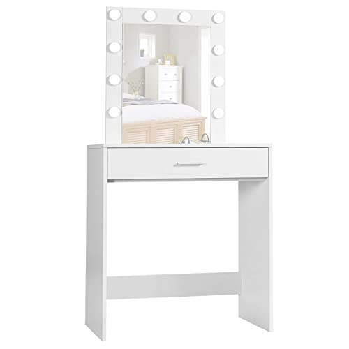 Reettic Makeup Vanity Table with Lighted Mirror, Vanity Desk with Drawers, Bedroom Dressing Table,9 LED Blubs & Adjustable Brightness, for Women, Mother, Girls, White RSZT102W - 27.6"L x 15.7"W x 53.9"H - White