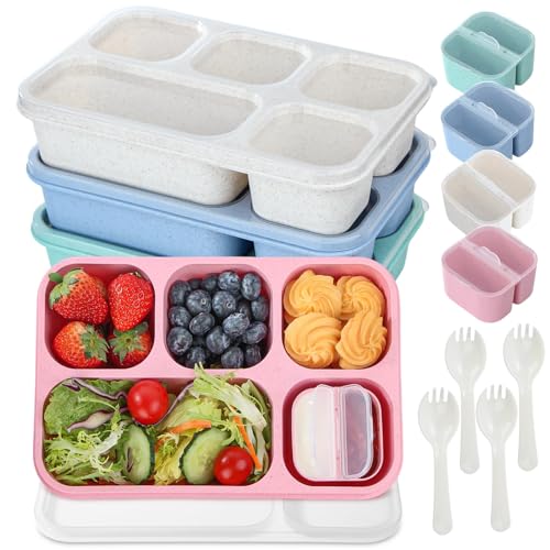 Lunbxx Snack Box Containers for Adults，4 Pack Bento Lunch Box for Adult & Kids, 5 Compartment Adult Lunchable Containers with Utensils, Sauce Jar, 44 Oz/1300ML Large Size (Wheat) - Wheat