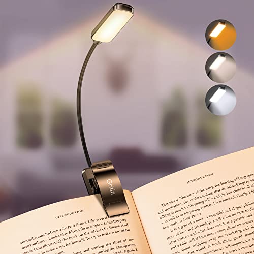 Gritin 9 LED Rechargeable Book Light for Reading in Bed - Eye Caring 3 Color Temperatures,Stepless Dimming Brightness,80 Hrs Runtime Small Lightweight Clip On Book Reading Light for Kids,Studying - Black