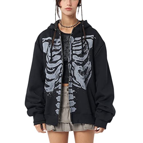 Amiblvowa Y2k Hoodies Zip Up Women Oversized Graphic Sweatshirt Aesthetic Vintage Harajuku Grunge Teen Girls Halloween Jacket - Black Skeleton-1 - Small