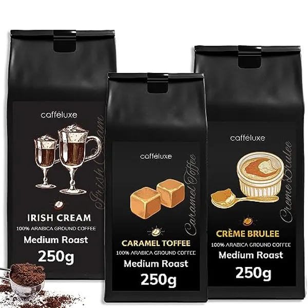 Cafféluxe - Medium Roast Flavoured Ground Coffee Beans -100% Arabica Beans - Filter Coffee - Natural Flavouring Irish Cream, Caramel Toffee & Creme Brûlée - 3x 250g Per Bag