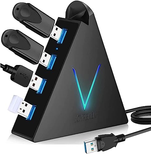 JoyReken 4-Port USB 3.0 Hub with 4 ft Extended Cable, FlyingVHUB Vertical Data USB Hub, for Mac, PC, Xbox One, PS4, PS5, iMac, Surface Pro, XPS, Laptop, Desktop, Flash Drive, Mobile HDD (Black) - 4ft - Black